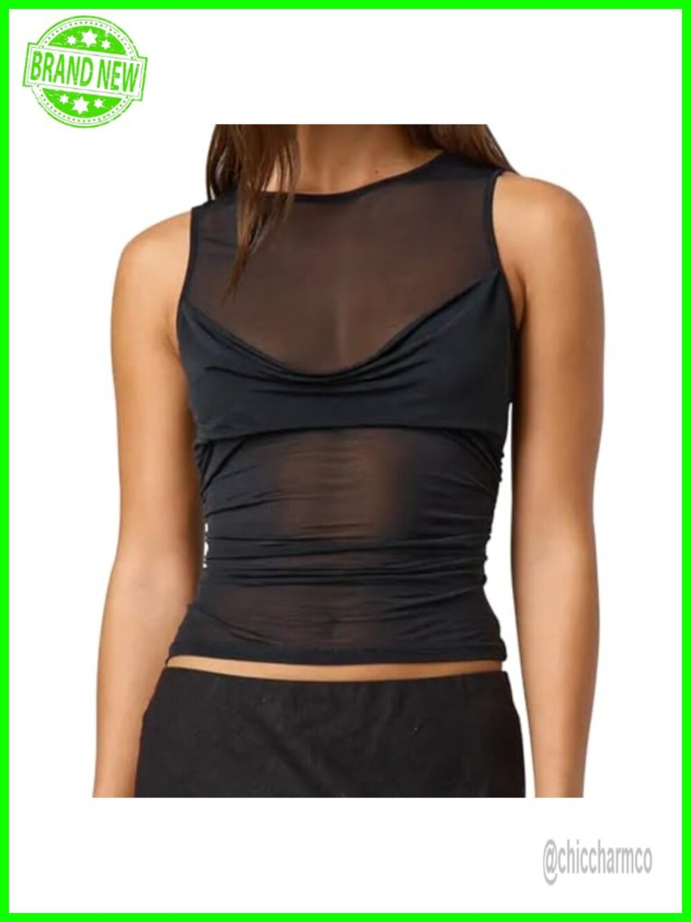 Women Sheer Mesh Tank Top Y2k Sleeveless See Through Ruched